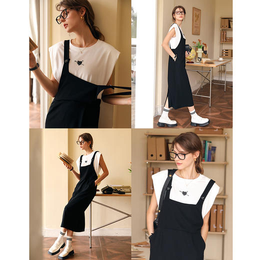 OLrain欧芮儿黑白色连衣裙女春季2024新款时尚宽松休闲假两件裙子 商品图2
