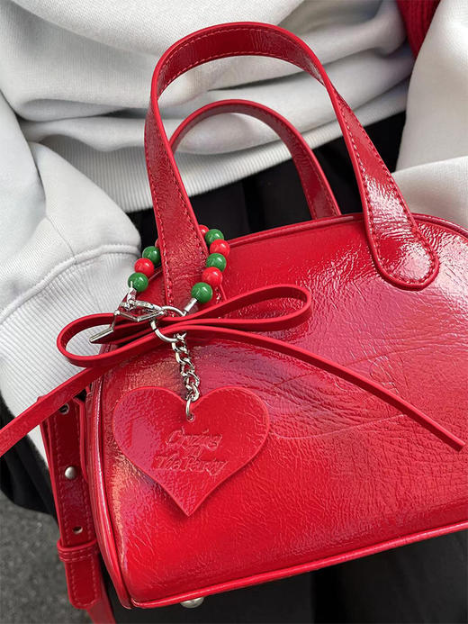 CryingCenter圣诞红mini波士顿蝴蝶结油蜡亮皮大学生经典斜挎皮包 商品图3