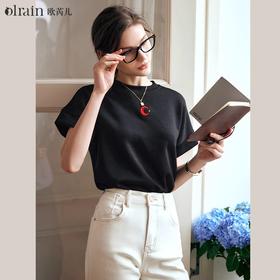 OLrain欧芮儿黑色T恤女春季2024新款小众宽松设计感刺绣短袖上衣