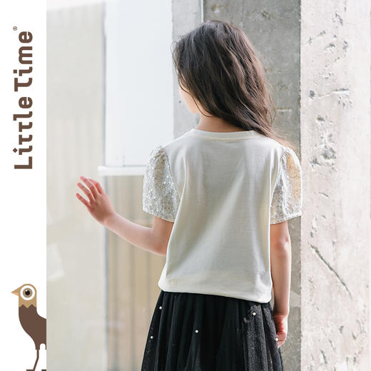 littletime女童短袖t恤夏季法式2024新款洋气米色珠片甜儿童上衣 商品图4