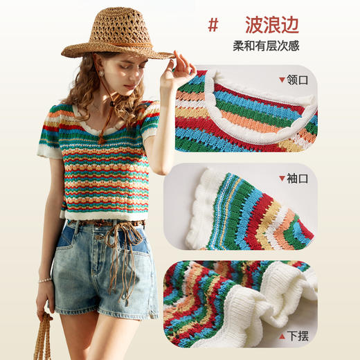 欧芮儿彩虹条纹针织衫女春夏2024新款撞色镂空多巴胺上衣套头小衫 商品图4
