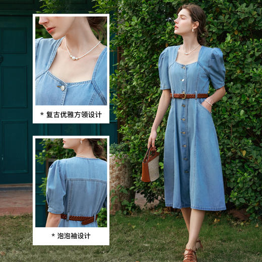 OLrain欧芮儿牛仔连衣裙女春季2024年新款方领泡泡袖设计感裙子 商品图3