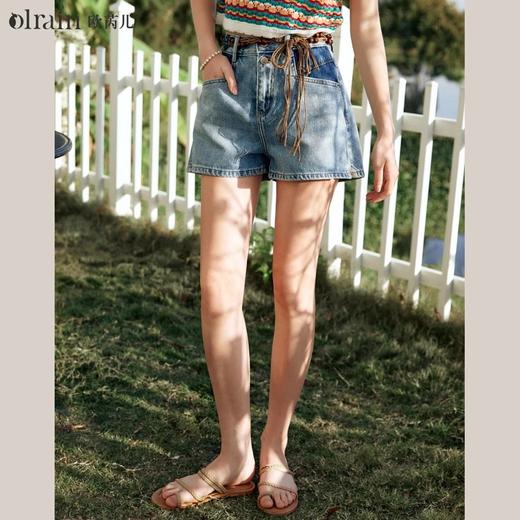 OLrain欧芮儿蓝色牛仔裤女春季2024新款高腰宽松复古显瘦A字短裤 商品图0