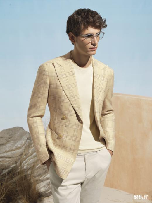 Stylbiella 羊毛埃及棉亚麻浅黄色格纹全麻衬单西 商品图0