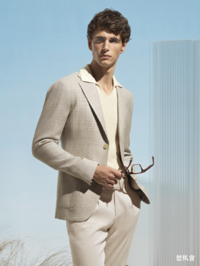 Stylbiella 羊毛蚕丝亚麻沙色格纹全麻衬单西