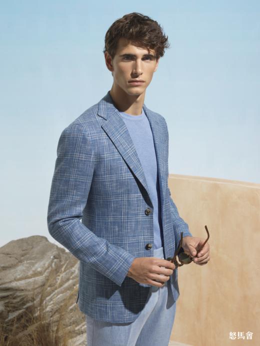 Stylbiella 羊毛埃及棉亚麻空气蓝格纹全麻衬单西 商品图0