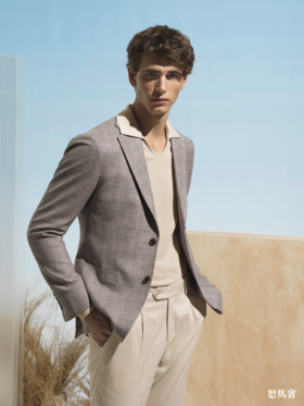 Stylbiella 羊毛蚕丝灰粉色格纹全麻衬单西