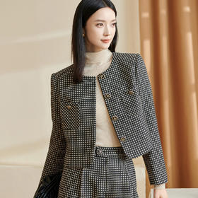 剩S/XL/XXL 米思阳2025春季新款时尚小香风格纹短外套圆领长袖单排扣上衣2691