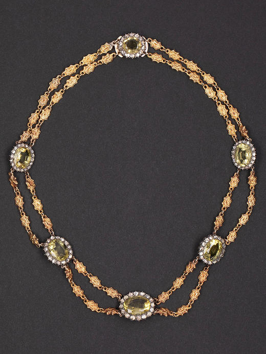 独角鹿西洋古董19世纪中期比利时出品18K黄金镶嵌钻石及绿水晶项链 商品图4