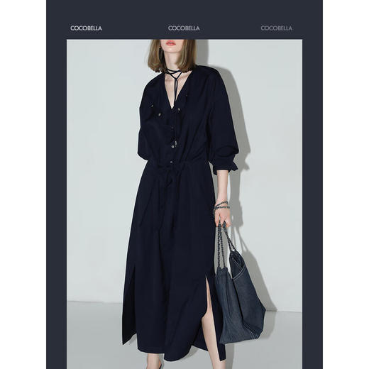 【秒杀】COCOBELLA重工绗线金属扣开叉连衣裙女通勤飘带衬衫裙FR3039 商品图1
