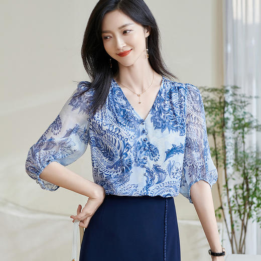 青瓷真丝衬衫 5A桑蚕丝双绉面料 柔润透气  上身若无物 米思阳2026春季新款设计感独特衬衫印花上衣女0803 商品图0