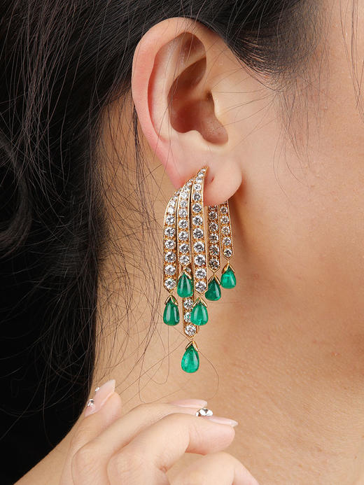 独角鹿西洋古董1980年代法国出品18K黄金镶嵌钻石祖母绿耳坠 商品图2