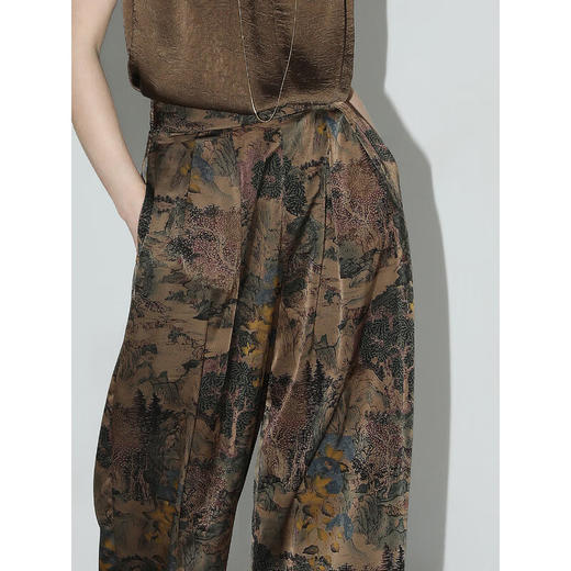 【柔见】COCOBELLA轻奢新国风缎面印花通勤西裤高腰打褶直筒裤PA0012 商品图1