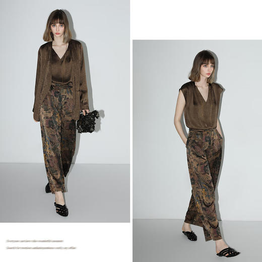 【柔见】COCOBELLA轻奢新国风缎面印花通勤西裤高腰打褶直筒裤PA0012 商品图2