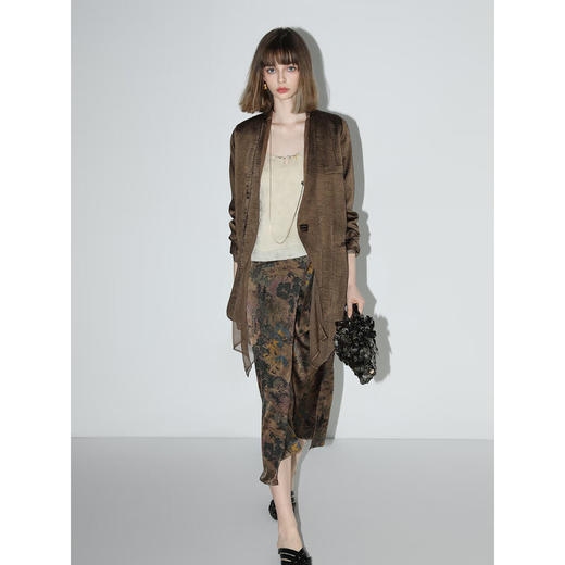 【限时秒杀】COCOBELLA轻奢新国风飘带印花半身裙高腰捏褶缎面筒裙HS0018 商品图3