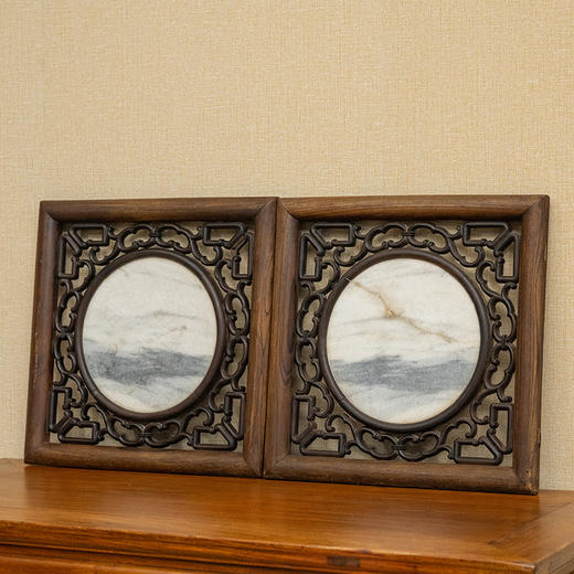 清 榉木框红木镶云石透雕云纹画板（一对） 商品图4
