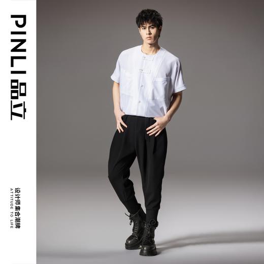 PINLI品立2024夏季新款国潮宽松无领短袖衬衫男士连肩袖休闲衬衣B242113049 商品图8