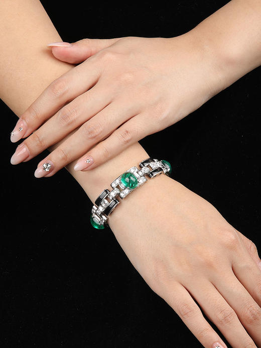 独角鹿西洋古董1925年代法国出品装饰艺术风格铂金镶嵌祖母绿钻石手链 商品图2