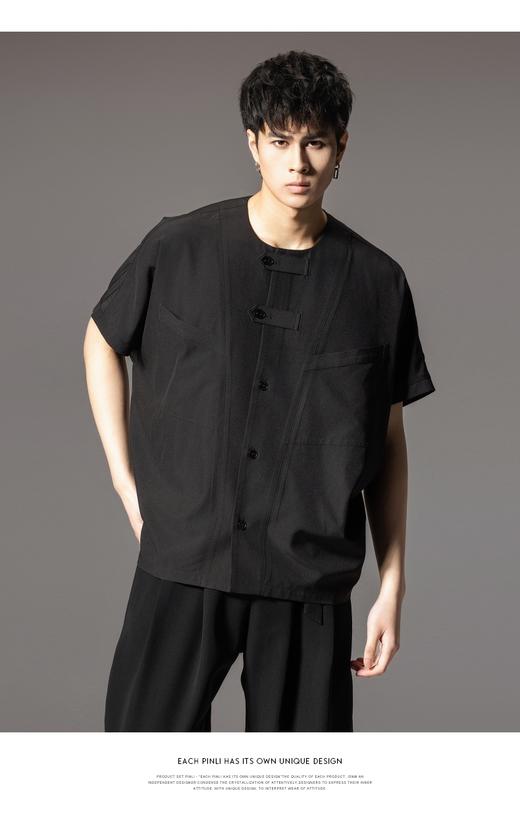 PINLI品立2024夏季新款国潮宽松无领短袖衬衫男士连肩袖休闲衬衣B242113049 商品图1