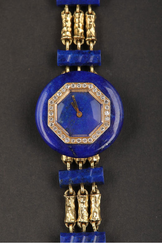 独角鹿西洋古董1950年代法国出品18K黄金镶嵌钻石青金石女士腕表 商品图1