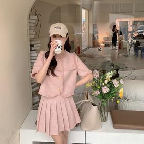 金蘑菇菇【辛德瑞拉 灰灰套装】荷叶领上衣+百褶短裙减龄两件套