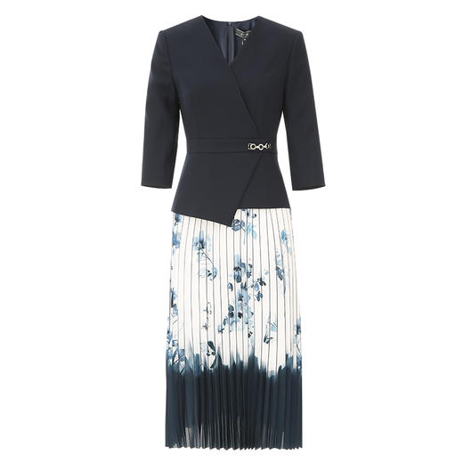 EITIE爱特爱新中式青花百褶收腰假两件V领气质连衣裙春季新款 商品图5