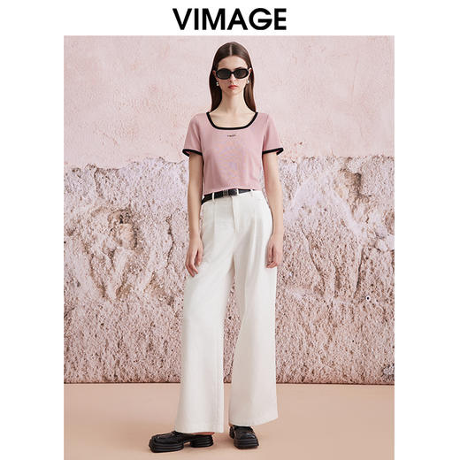 VIMAGE纬漫纪夏季新款百搭通勤方领撞色短款T恤上衣V2102711 商品图1