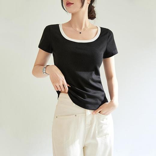 凉感法式氛围感方领撞色短袖T恤女2024夏季新款套头修身上衣 商品图1