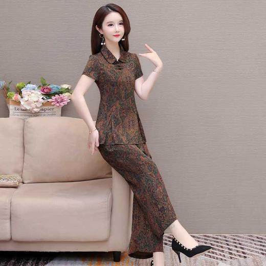 QYM 1814A21-Y时尚小衫阔腿裤中式复古印花套装 商品图1