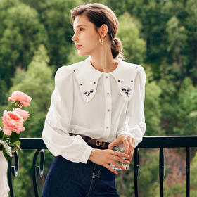 OLrain欧芮儿法式白色雪纺衫女早秋2022新款减龄刺绣领泡泡袖衬衣