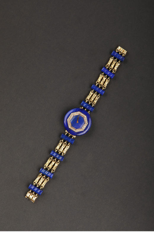 独角鹿西洋古董1950年代法国出品18K黄金镶嵌钻石青金石女士腕表 商品图2