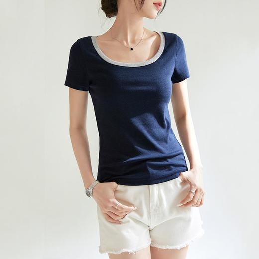 凉感法式氛围感方领撞色短袖T恤女2024夏季新款套头修身上衣 商品图3