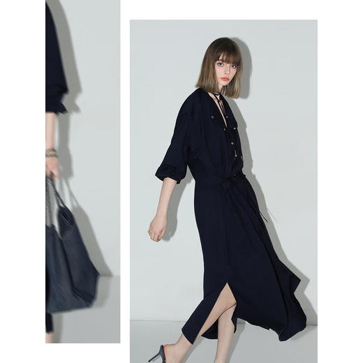 【秒杀】COCOBELLA重工绗线金属扣开叉连衣裙女通勤飘带衬衫裙FR3039 商品图2