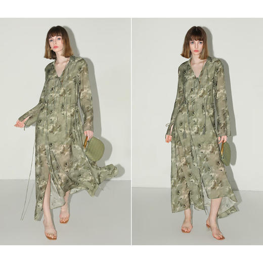 【限时秒杀】COCOBELLA写意晕染印花连衣裙女开衩喇叭袖高腰茶歇裙FR3007 商品图3