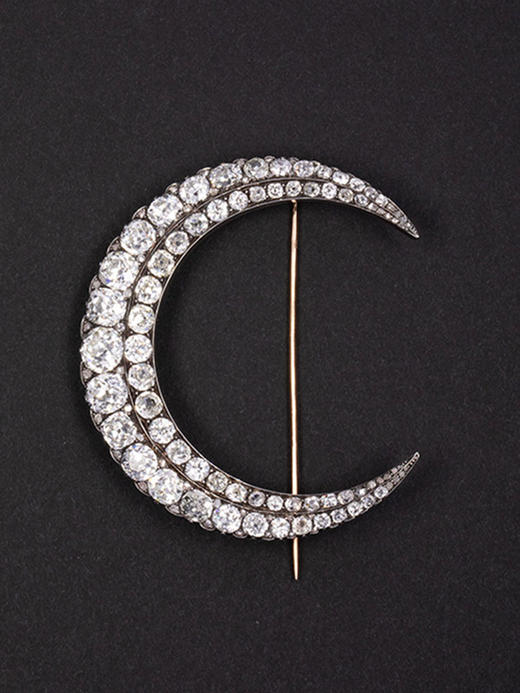 独角鹿西洋古董19世纪末欧洲出品18K黄金镶嵌钻石新月造型胸针/发钗 商品图0