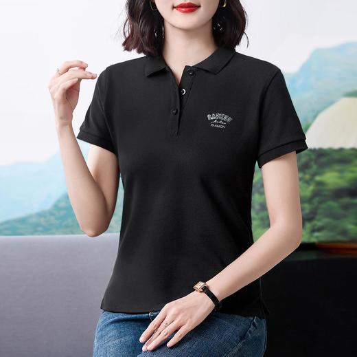 休闲时尚通勤风修身Polo衫短袖T恤女2024夏季新款亮片翻领棉上衣 商品图0