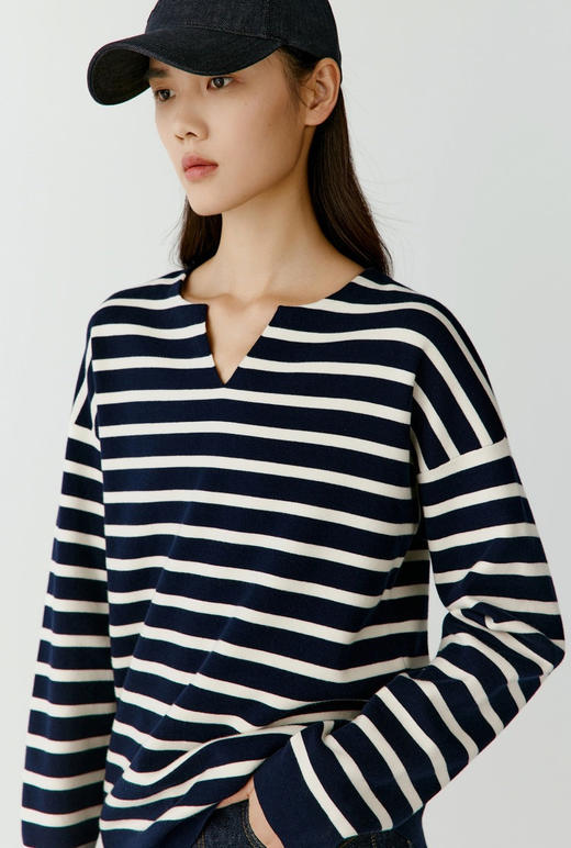 半精纺棉羊绒针织衫 条纹设计明快有活力 棉纱与山羊绒混纺 半精纺工艺条干均匀 恰当松量 领型独特 商品图1