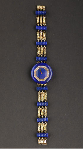 独角鹿西洋古董1950年代法国出品18K黄金镶嵌钻石青金石女士腕表