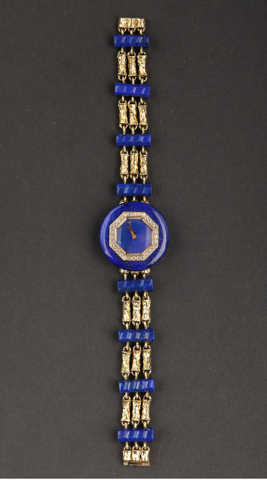 独角鹿西洋古董1950年代法国出品18K黄金镶嵌钻石青金石女士腕表 商品图0