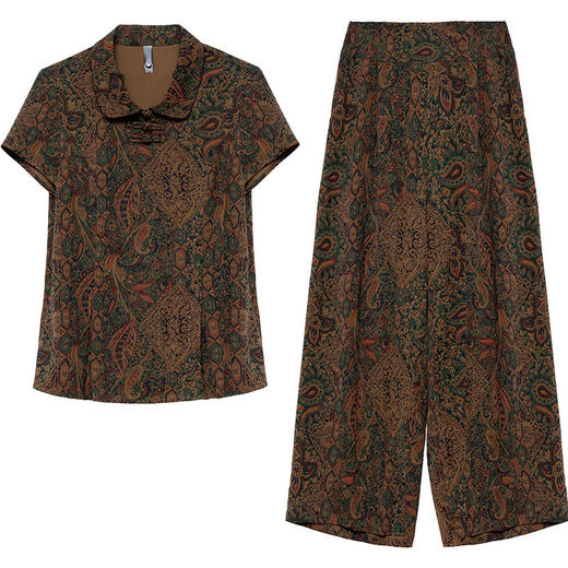 QYM 1814A21-Y时尚小衫阔腿裤中式复古印花套装 商品图4