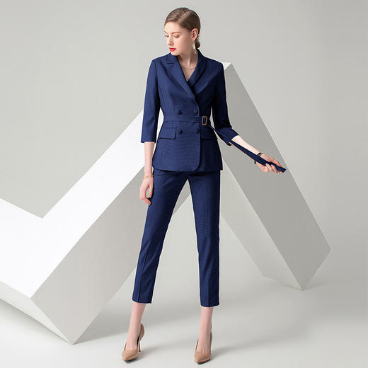 IWY/藏青色七分袖千鸟格时尚气质女神职场商务OL工作服高端职业西服套装女C10387+PS10310 商品图3