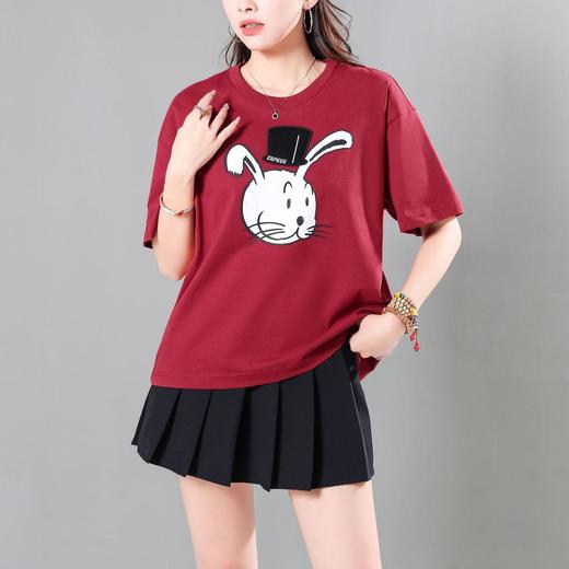 韩版宽松大码套头落肩短袖T恤女2024春夏新款印花刺绣显瘦上衣 商品图1