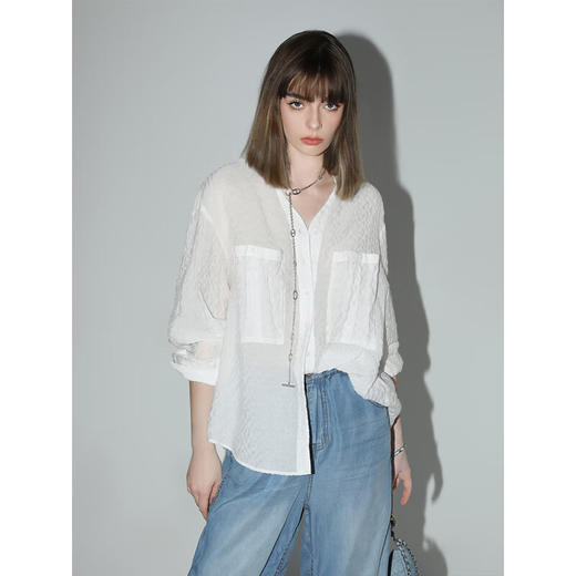 COCOBELLA肌理感泡泡皱莱赛尔遮阳白衬衫OL小立领衬衣SR0013 商品图1