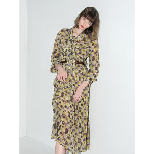 【限时特惠】COCOBELLA名媛风几何格纹雪纺连衣裙气质飘带领衬衫裙FR3040 商品图3