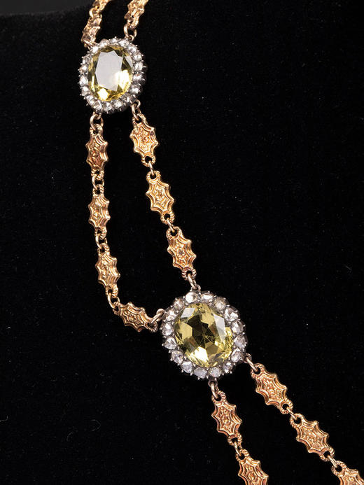 独角鹿西洋古董19世纪中期比利时出品18K黄金镶嵌钻石及绿水晶项链 商品图2