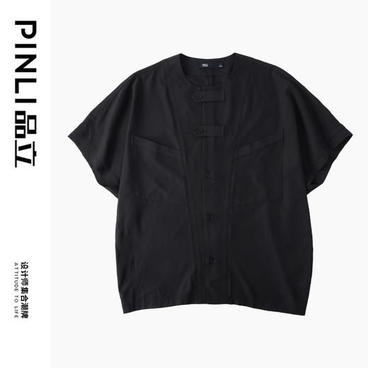 PINLI品立2024夏季新款国潮宽松无领短袖衬衫男士连肩袖休闲衬衣B242113049 商品图5