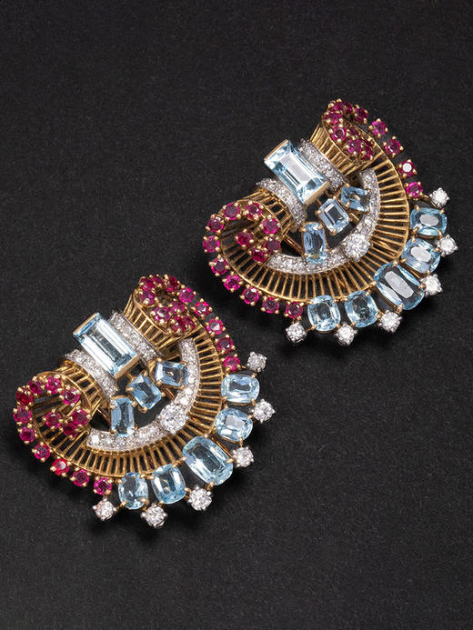 独角鹿西洋古董1940年代法国出品装饰艺术风格金银镶嵌钻石海蓝宝红宝石胸针一对 商品图1