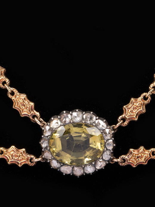 独角鹿西洋古董19世纪中期比利时出品18K黄金镶嵌钻石及绿水晶项链 商品图1