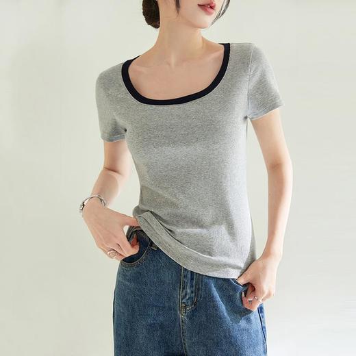 凉感法式氛围感方领撞色短袖T恤女2024夏季新款套头修身上衣 商品图2
