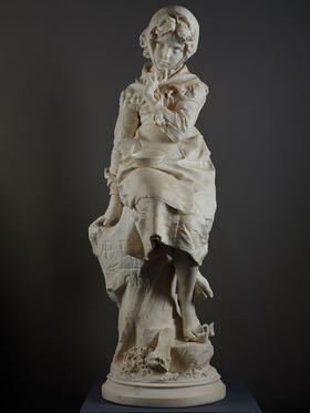 独角鹿西洋古董1881年代意大利雕塑大师Enrico Butti签名创作《沉思的少女》大理石雕塑